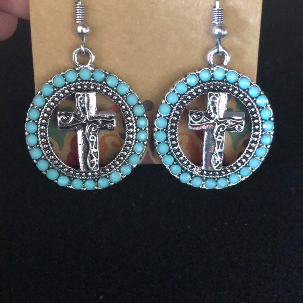 Metal Cross Earrings With Turquoise. 2x$11
